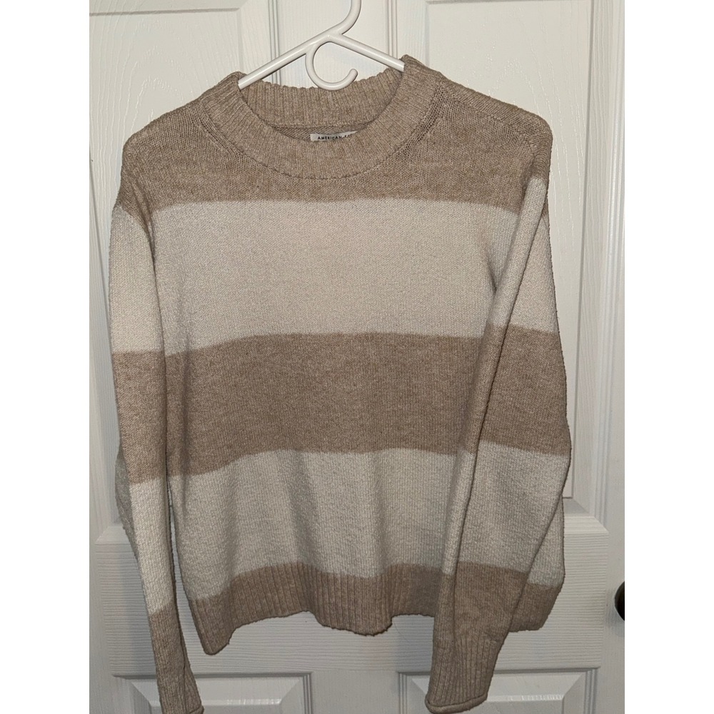 American Eagle Striped Crewneck Sweater Beige Cream XS Long Sleeve Knit